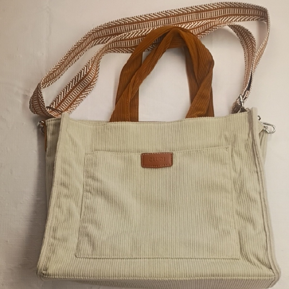 Cluci Beige Corduroy Tote Bag with Brown Handles